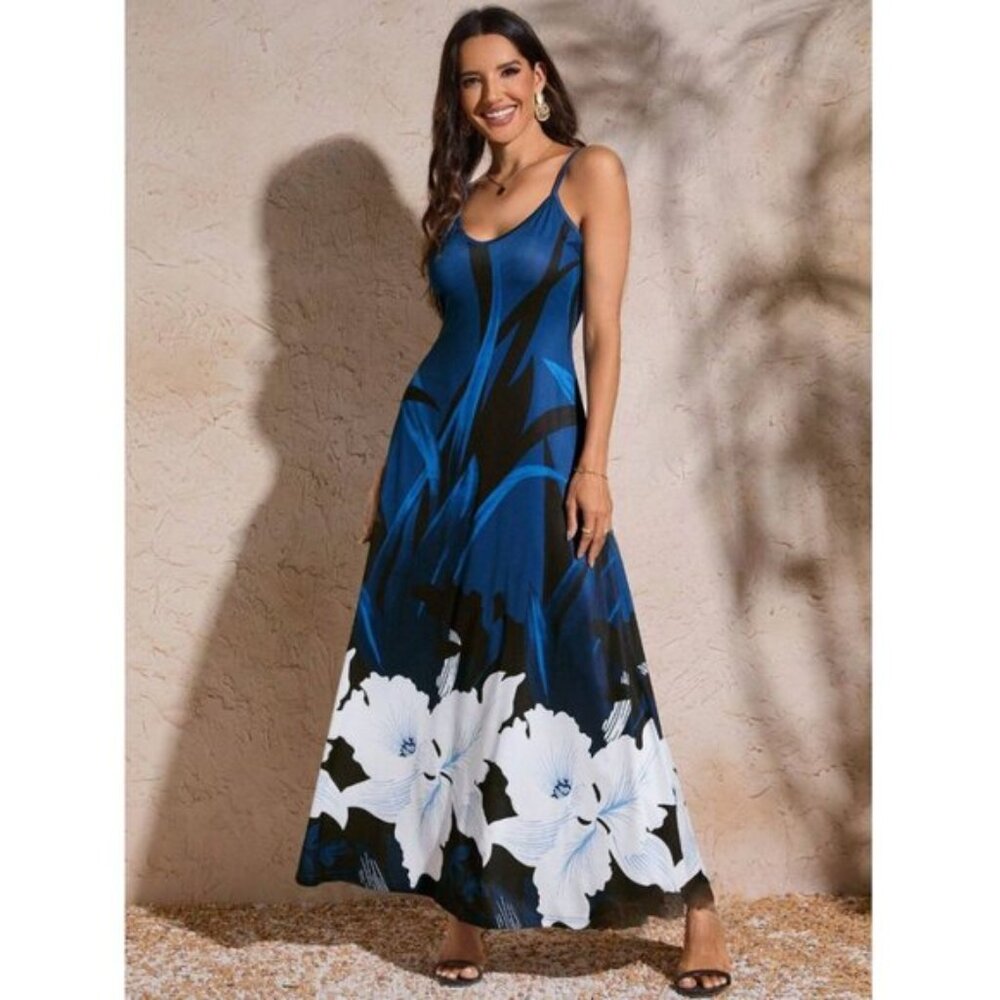 Blue Floral Print Cami Maxi Dress